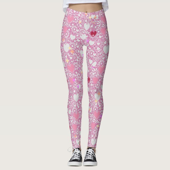 Glittering Hearts Pattern 01 Offwhite BG Leggings (Front)