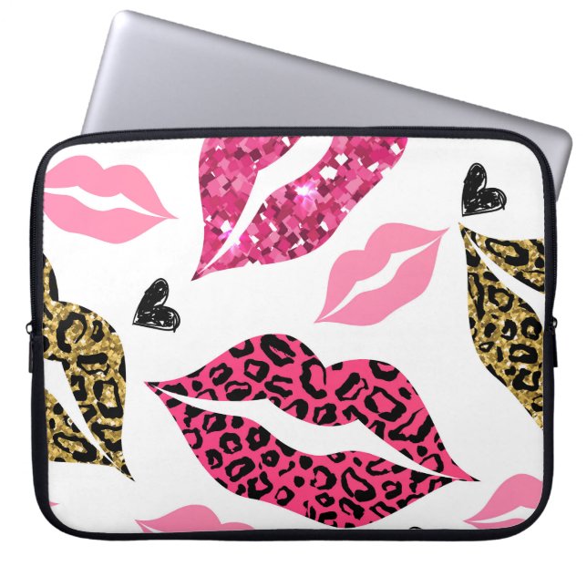 Glittering Lips: Leopard Fashion Pattern Laptop Sleeve (Front)