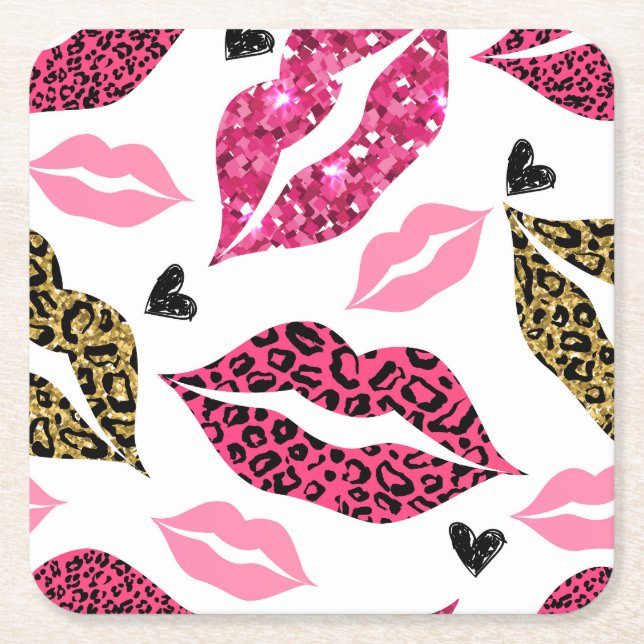 Glittering Lips: Leopard Fashion Pattern Square Paper Coaster (Front)