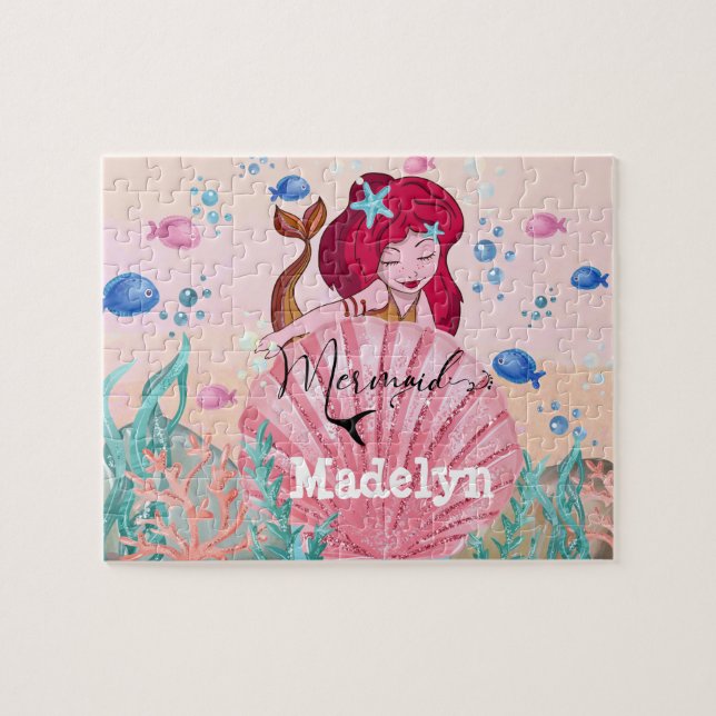 🧜‍♀️Glittering Mermaid Under The Sea Custom Name  Jigsaw Puzzle (Horizontal)