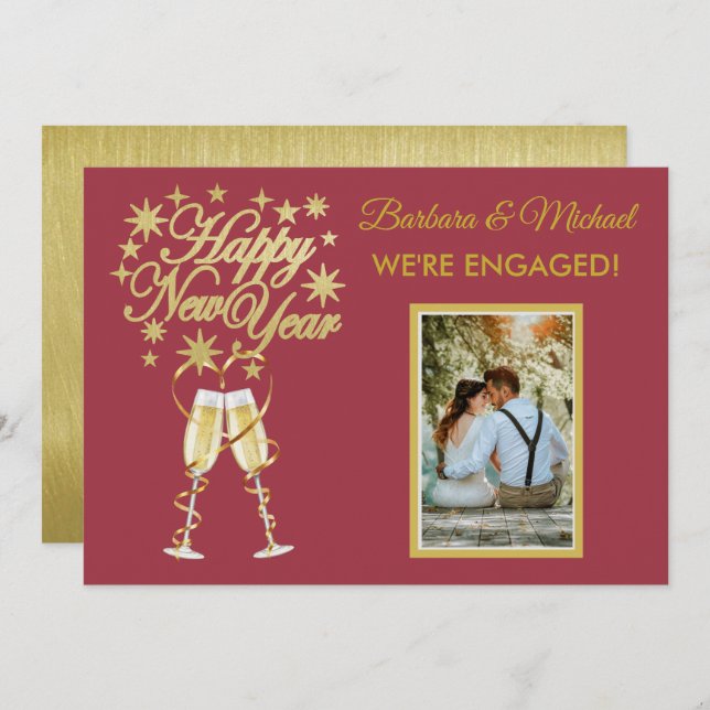 Glittering New Years Engagement Gold Red Announce Invitation (Front/Back)