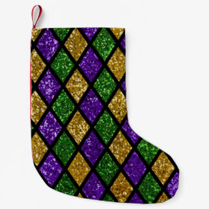 Glittering paillettes diamonds, festive background small christmas stocking