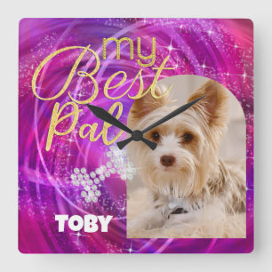 Glittering Pet Dog Photo Mangenta  Square Wall Clock