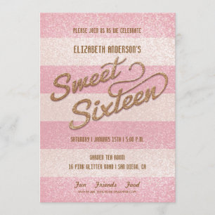 Glittering Pink Bold Stripes Sweet Sixteen Party Invitation