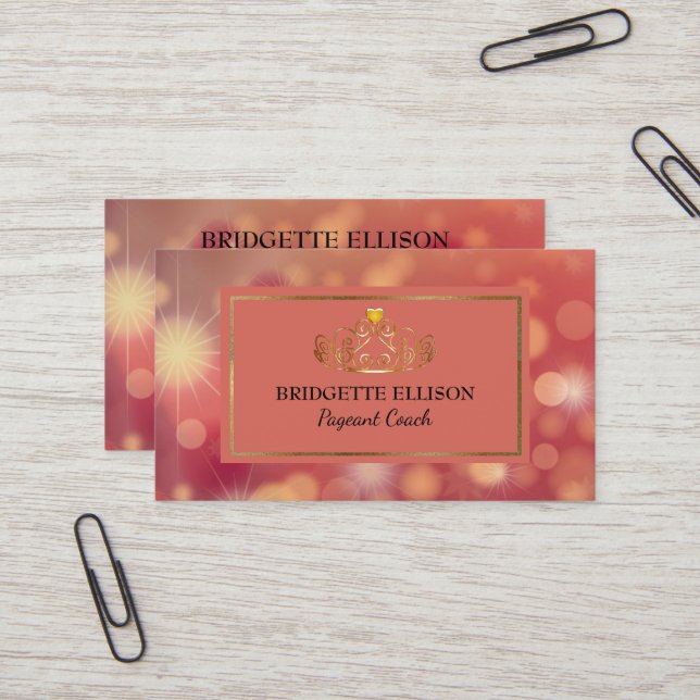 Glittering Pink Red Gold Shiny Pageant Coach Business Card (Front/Back In Situ)