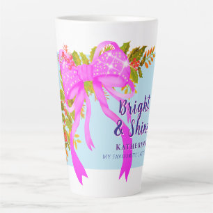 Glittering Pink Ribbon Christmas Blue Latte Mug