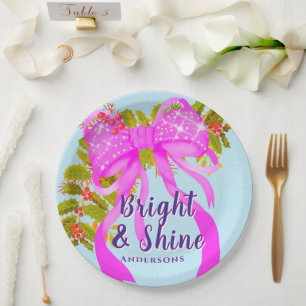 Glittering Pink Ribbon Christmas Blue Paper Plate