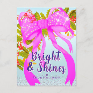 Glittering Pink Ribbon Christmas Blue Postcard