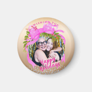 Glittering Pink Ribbon Christmas Gold Magnet