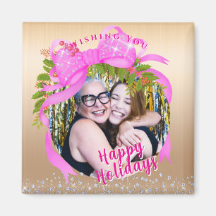 Glittering Pink Ribbon Christmas Gold Magnet