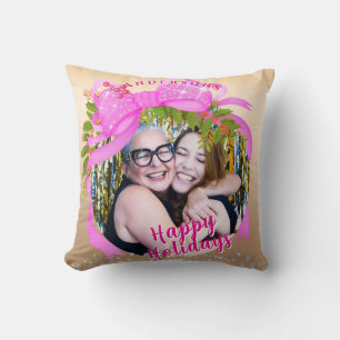 Glittering Pink Ribbon Christmas Photo Gold Cushion