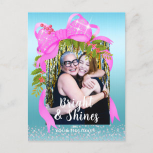 Glittering Pink Ribbon Photo Christmas Blue Postcard