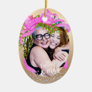 Glittering Pink Ribbon Photo  Christmas Gold Ceramic Ornament