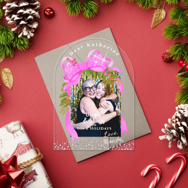 Glittering Pink Ribbon Photo  Christmas Pink Acrylic Invitations (Insitu (Holiday))