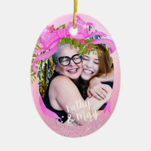 Glittering Pink Ribbon Photo Christmas Pink Ceramic Ornament