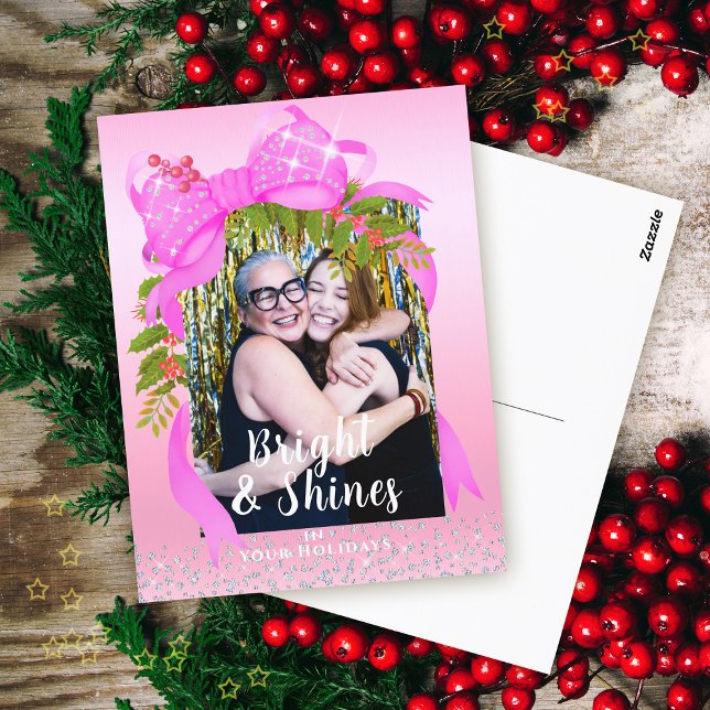 Glittering Pink Ribbon Photo Christmas Pink Postcard (Glittering Pink Ribbon Christmas Photo Design.)