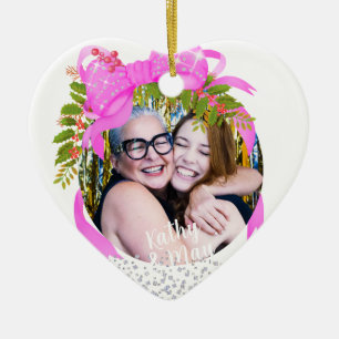 Glittering Pink Ribbon Photo Christmas White Ceramic Ornament