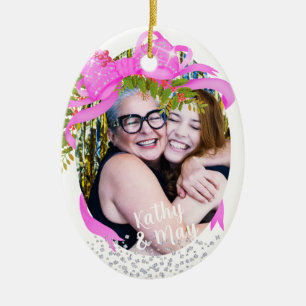 Glittering Pink Ribbon Photo Christmas White Ceramic Ornament