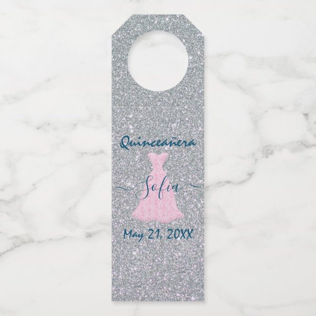 Glittering Quinceanera Commemoration Bottle Hanger (Front)