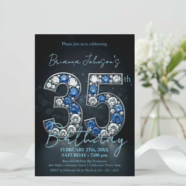 Glittering Sapphire Diamond 35th Birthday Party Invitation (Creator Uploaded)