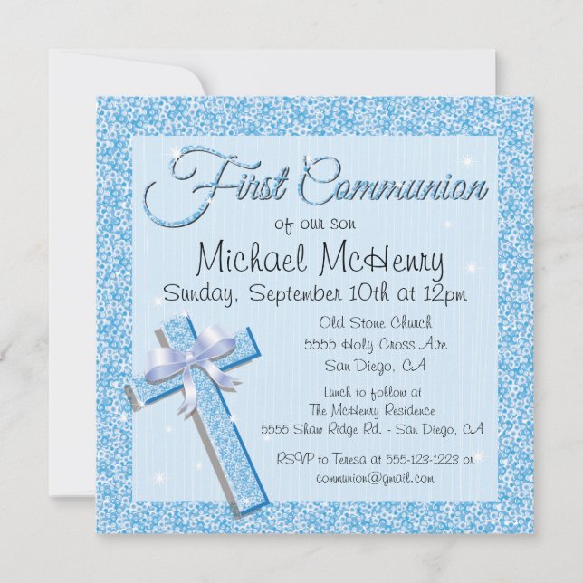 Glittering Sequin Blue First Communion Invitation (Front)