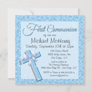 Glittering Sequin Blue First Communion Invitation
