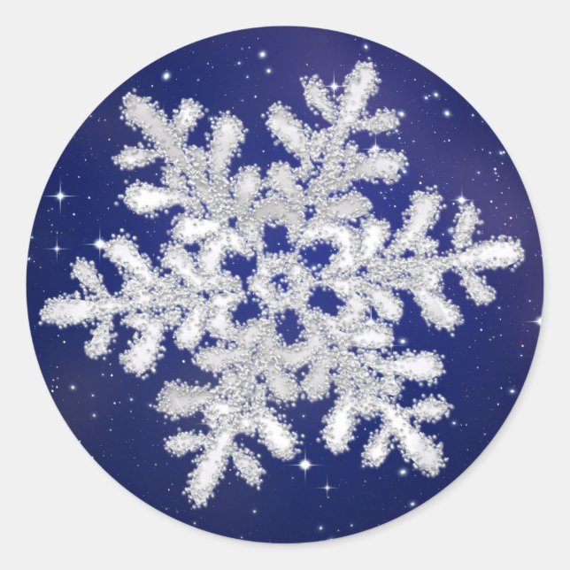 Glittering silver white snowflake on night sky classic round sticker (Front)