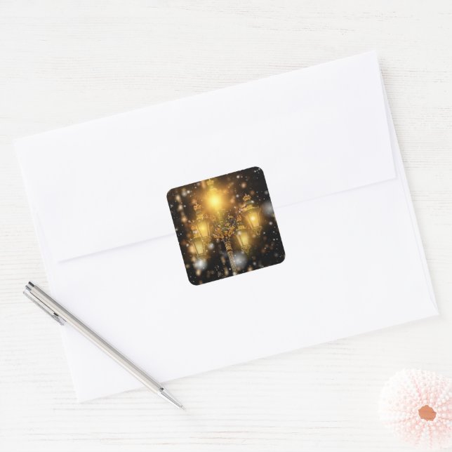 Glittering Snow Falling on the Lamp  Square Sticker (Envelope)