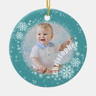 Glittering Snow Flakes Aqua Round Ornament 