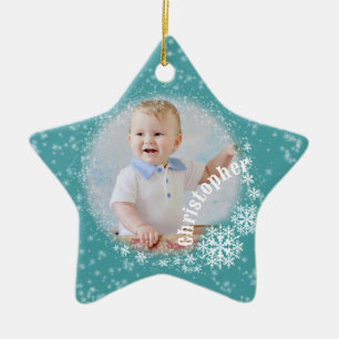 Glittering Snow Flakes Aqua Star Ornament 