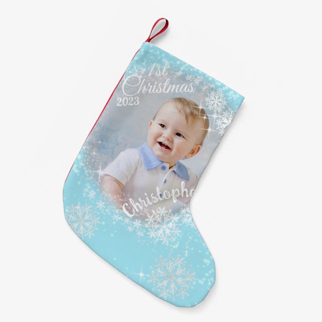 Glittering Snow Flakes Blue Small Christmas Stocking (Front (Hanging))