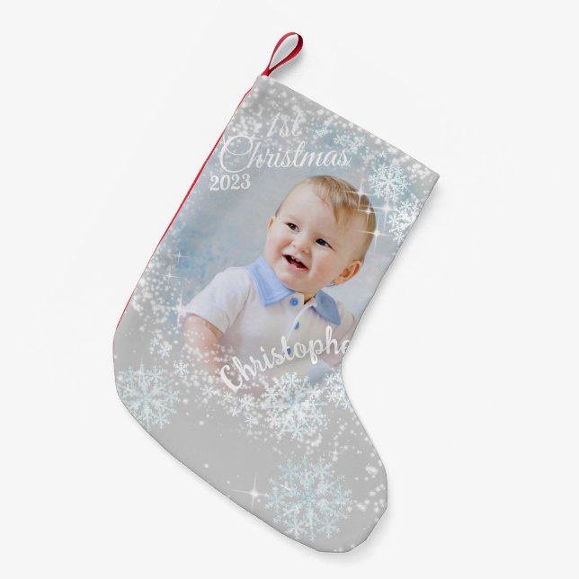 Glittering Snow Flakes Grey Small Christmas Stocking (Front (Hanging))