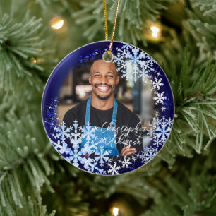 Glittering Snow Flakes Photo Blue Ornament