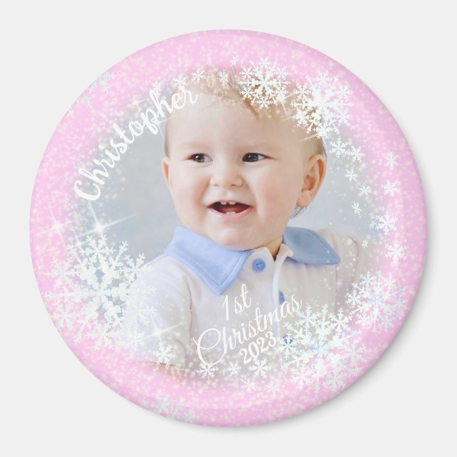 Glittering Snow Flakes Pink Magnet (Front)