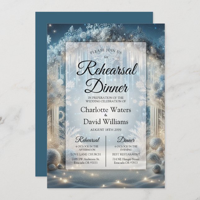 Glittering Snowy Forest Rehearsal Dinner Invitation (Front/Back)
