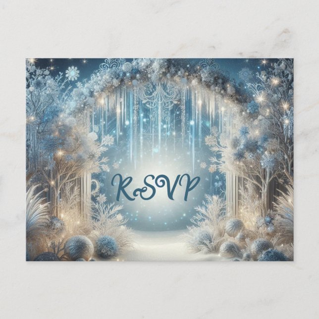 Glittering Snowy Forest Wedding RSVP Postcard (Front)
