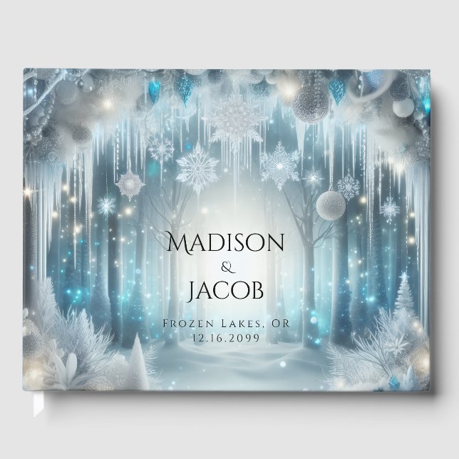 Glittering Snowy Forest Winter Wedding Guest Book (Front)