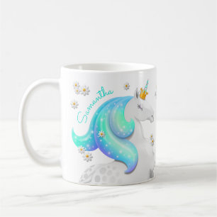 Glittering Turquoise Unicorn Princess with Daises Coffee Mug