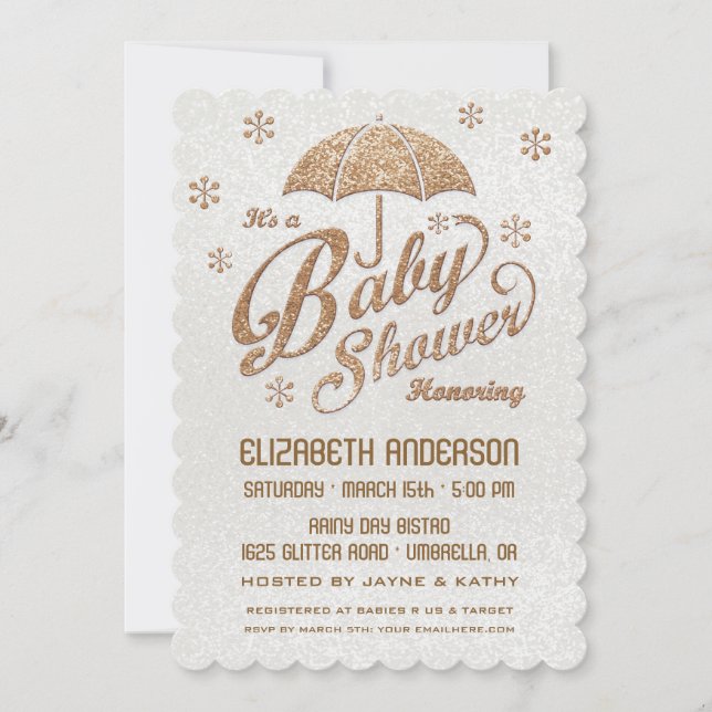 Glittering Winter White & Gold Baby Shower Invite (Front)
