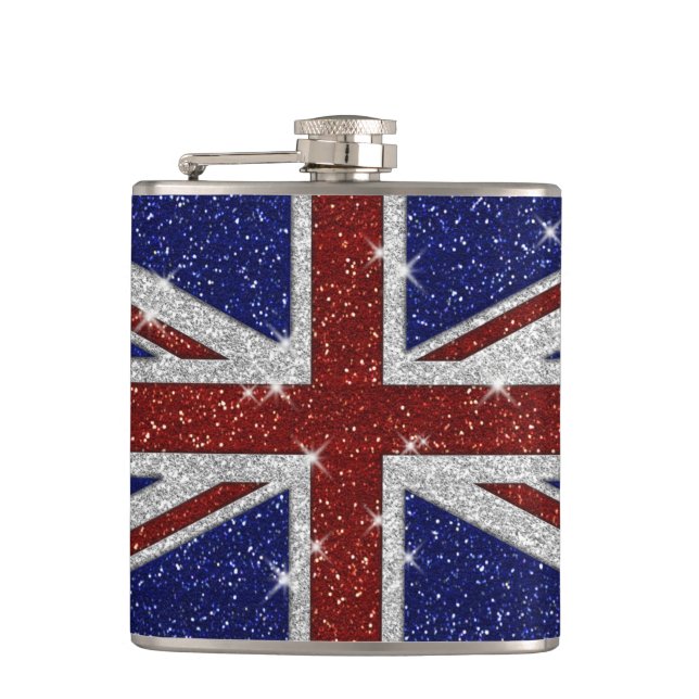 Glitters Shiny Sparkle Union Jack Flag Hip Flask (Front)