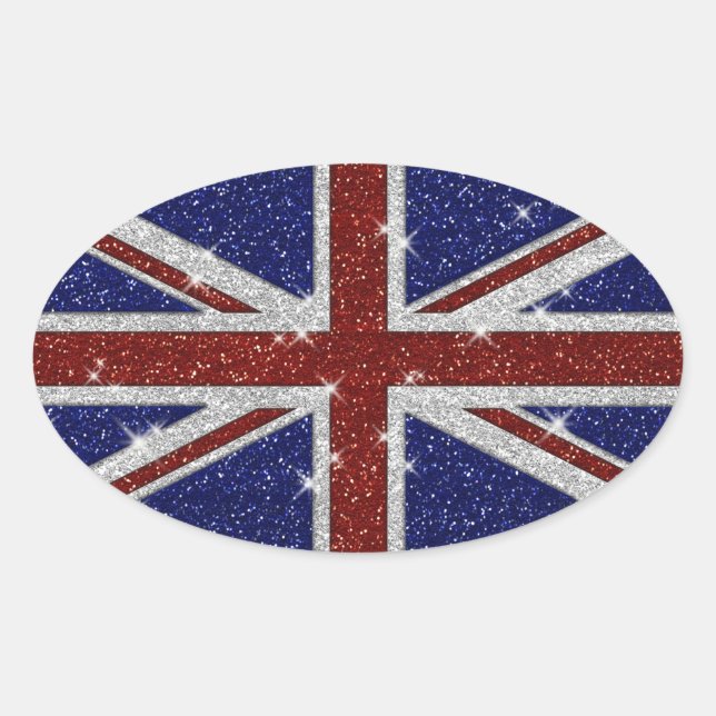 Glitters Shiny Sparkle Union Jack Flag Oval Sticker (Front)