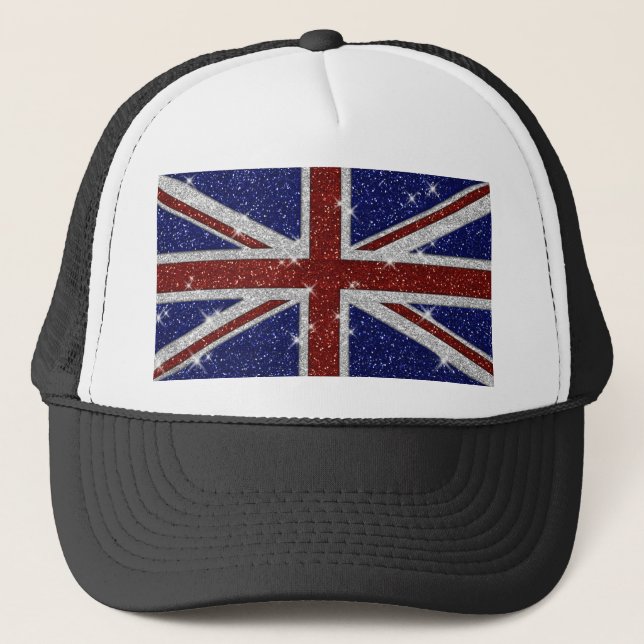 Glitters Shiny Sparkle Union Jack Flag Trucker Hat (Front)
