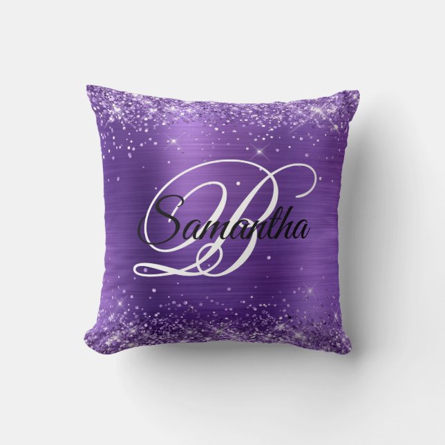 Glittery Amethyst Foil Fancy Monogram Cushion (Front)