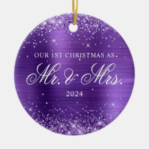 Glittery Amethyst Foil Our 1st Christmas Photo Ceramic Ornament