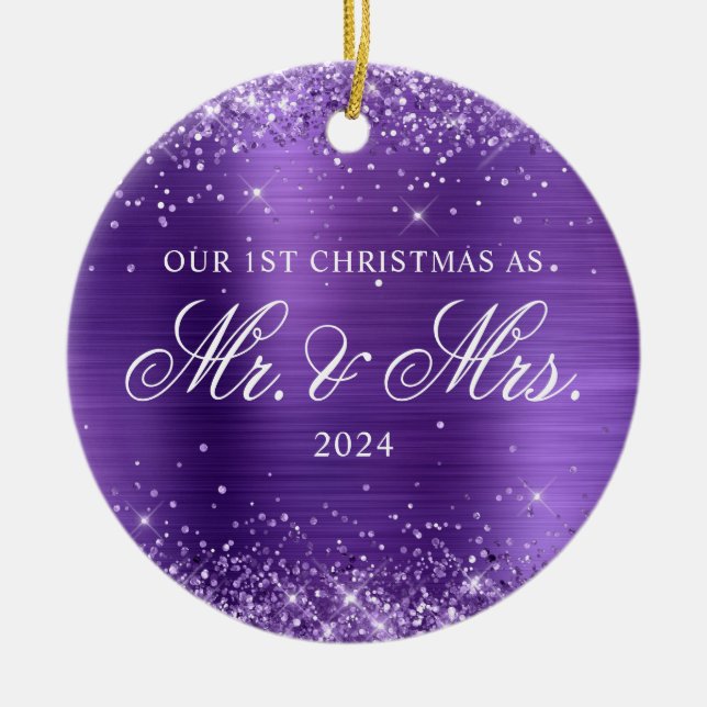 Glittery Amethyst Foil Our 1st Christmas Photo Ceramic Ornament (Front)