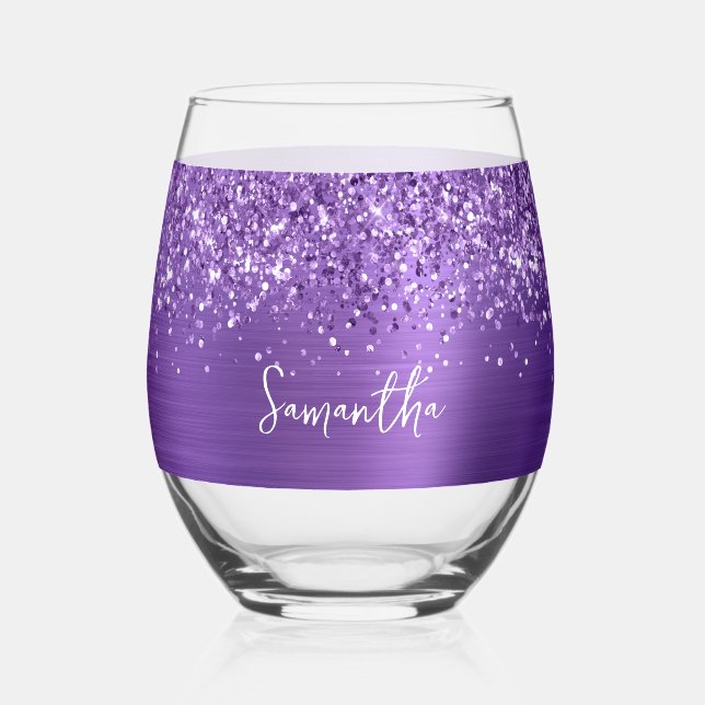 Glittery Amethyst Glam Name Stemless Wine Glass (Front)