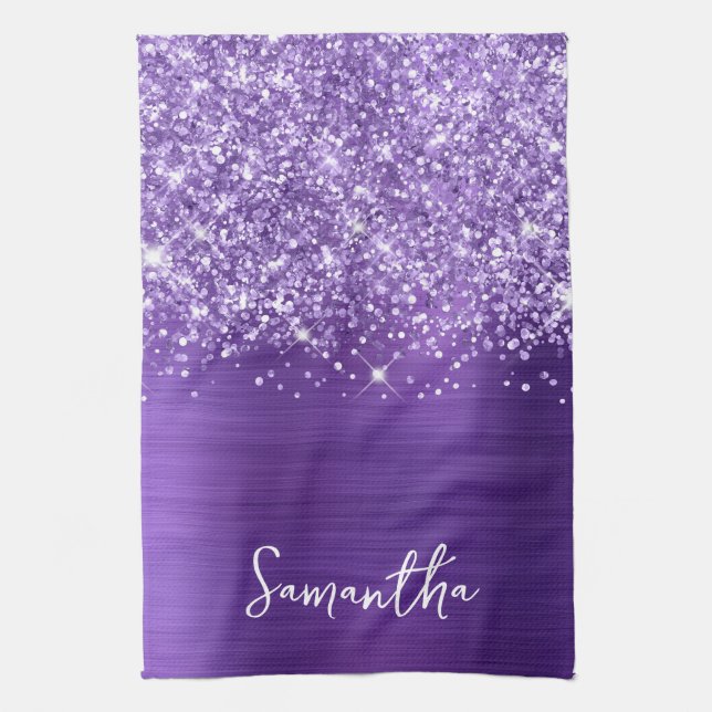 Glittery Amethyst Purple Glam Name Tea Towel (Vertical)