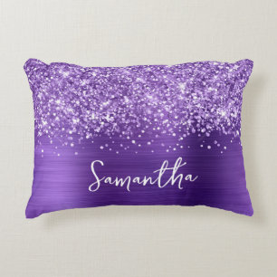 Glittery Amethyst Purple Glam Script Name Decorative Cushion