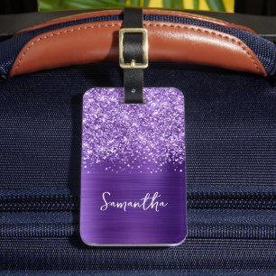 Glittery Amethyst Purple Glam Script Name Luggage Tag