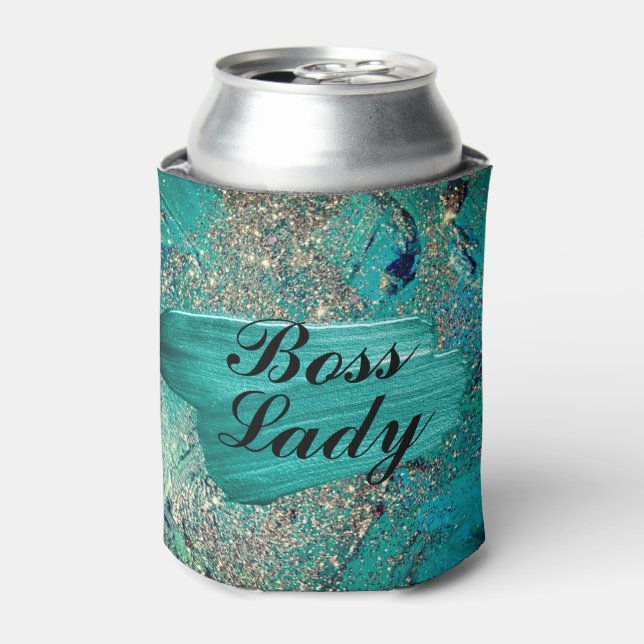 Glittery Aqua Paint Strokes Boss Lady   Can Cooler (Can Front)